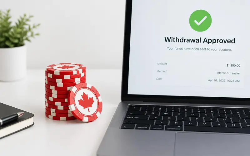 Laptop showing an approved Interac e-Transfer withdrawal from an online casino